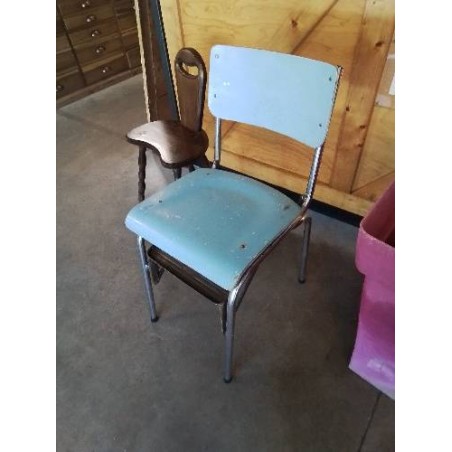 CHAISE ESCABEAU PLIANT MÉTAL CHROMÉ ET BOIS BLEU ANNÉES 60