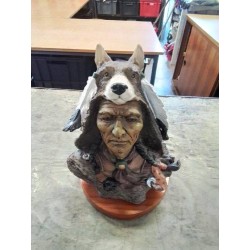 STATUETTE BUSTE INDIEN RÉSINE SOCLE BOIS