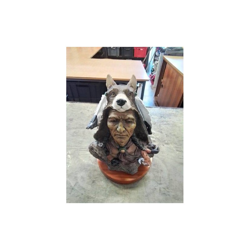 STATUETTE BUSTE INDIEN RÉSINE SOCLE BOIS