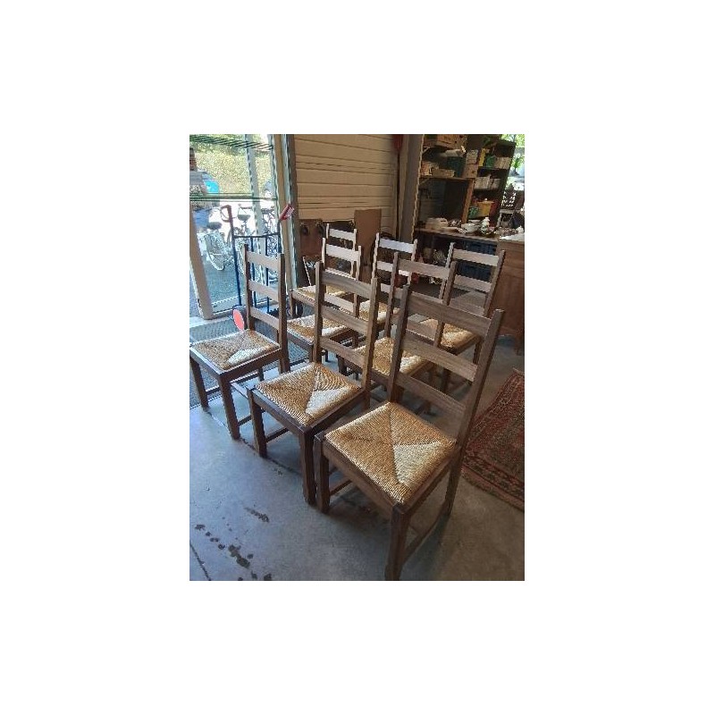 8 CHAISES BOIS EXOTIQUE PAILLÉ A ENTRETOISE DOSSIER 3 BARREAUX 