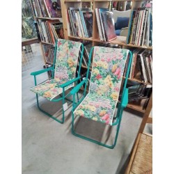 FAUTEUIL DE JARDIN PLIANT METAL VERT ET TISSU FLEURI 