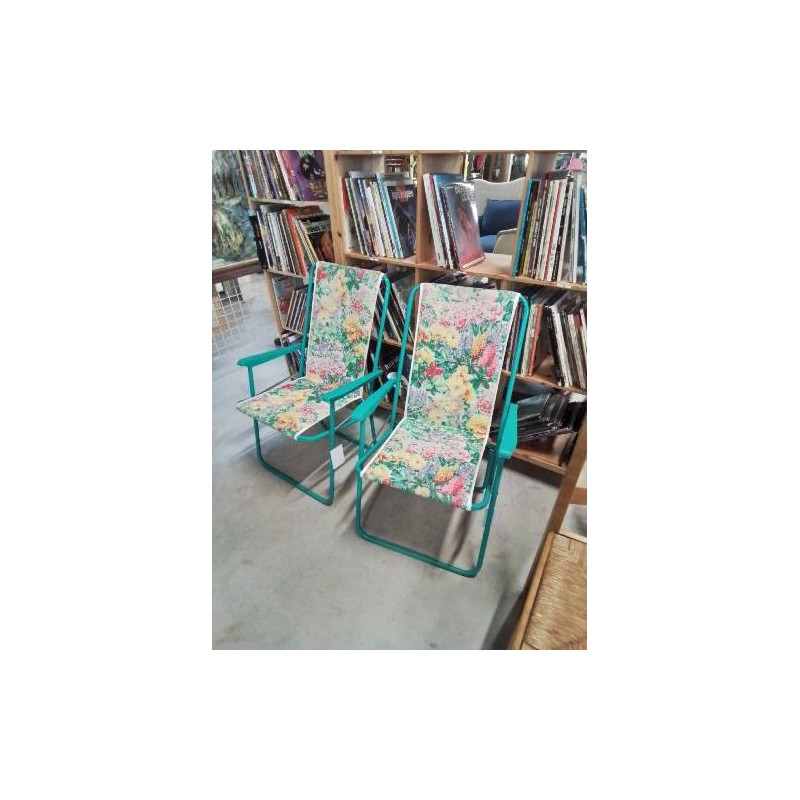 FAUTEUIL DE JARDIN PLIANT METAL VERT ET TISSU FLEURI 