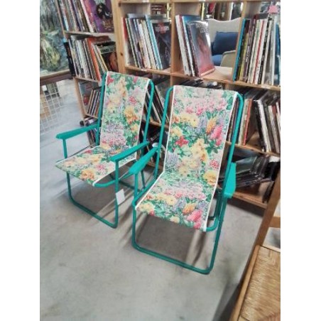 FAUTEUIL DE JARDIN PLIANT METAL VERT ET TISSU FLEURI 