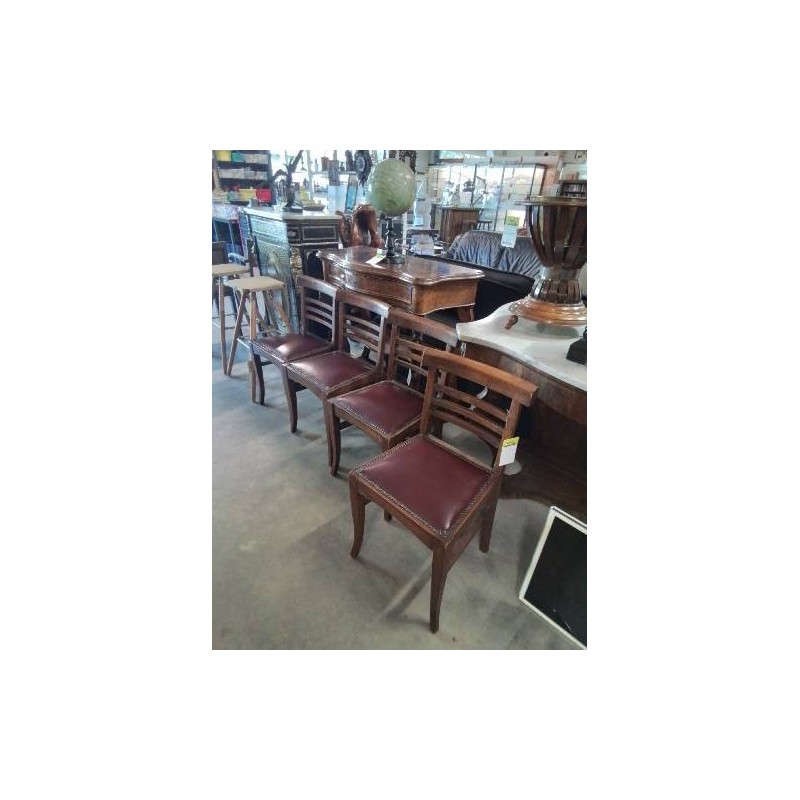 4 CHAISES BOIS ASSISE CAPITONNÉ SKAÏ GRENAT ANNÉES 40