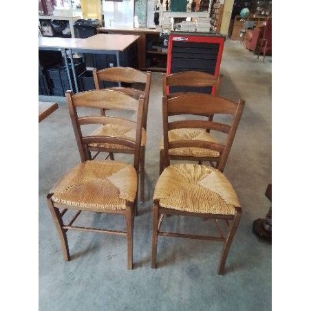 4 CHAISES BOIS PAILLÉ DOSSIER CINTRÉ 3 BARREAUX 