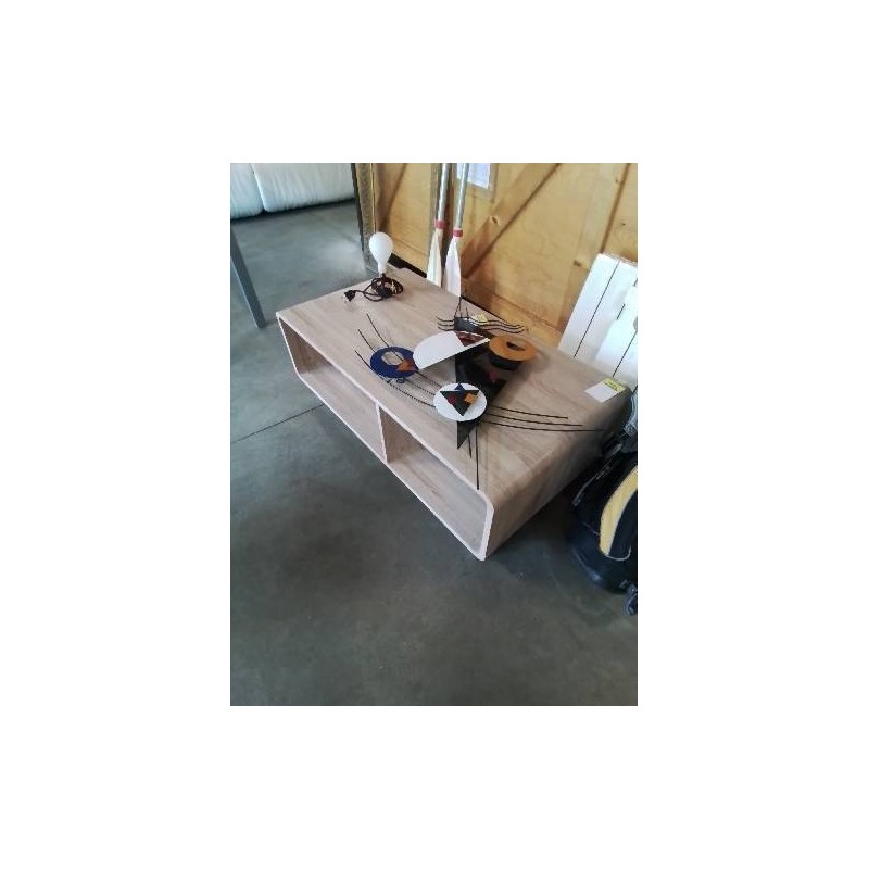 TABLE BASSE RECTANGULAIRE BOIS TAUPE A ROULETTES 3 NICHES 