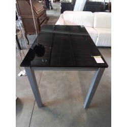 TABLE RECTANGULAIRE EXTENSIBLE PIÈTEMENT MÉTAL GRIS PLATEAUX VERRE NOIR