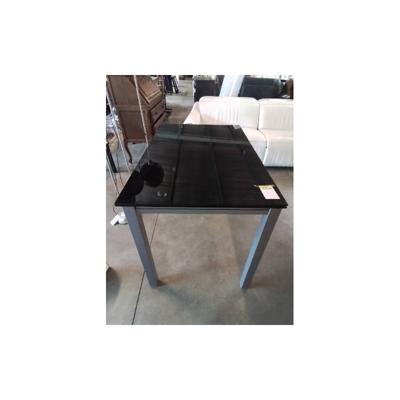 TABLE RECTANGULAIRE EXTENSIBLE PIÈTEMENT MÉTAL GRIS PLATEAUX VERRE NOIR