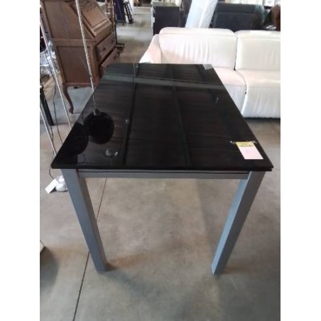 TABLE RECTANGULAIRE EXTENSIBLE PIÈTEMENT MÉTAL GRIS PLATEAUX VERRE NOIR