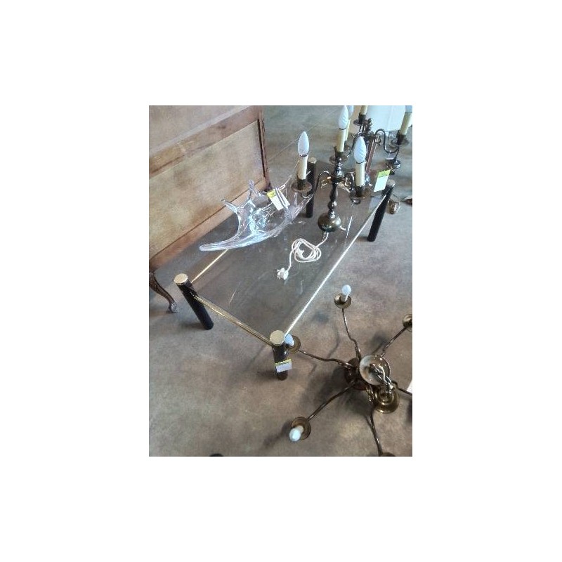 TABLE BASSE RECTANGULAIRE PIÈTEMENT MÉTAL NOI ET DORÉ PLATEAU VERRE FUMÉ 