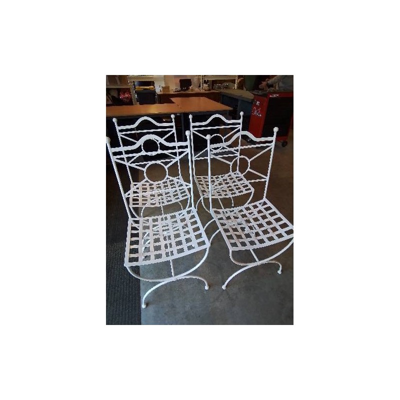 4 CHAISES FER FORGÉ BLANC DOSSIER CINTRÉ ASSISE AJOURÉ AVEC COUSSINS TISSU ÉCRU 