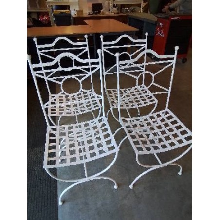4 CHAISES FER FORGÉ BLANC DOSSIER CINTRÉ ASSISE AJOURÉ AVEC COUSSINS TISSU ÉCRU 