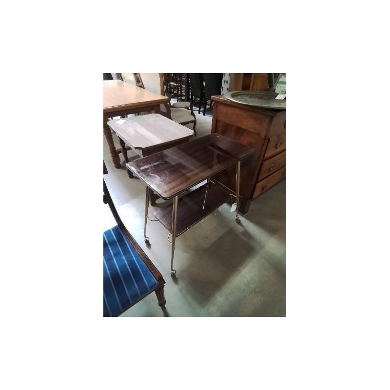 DESSERTE A ROULETTES MÉTAL DORÉ ET FORMICA MARRON 2 NIVEAUX ANNÉES 60