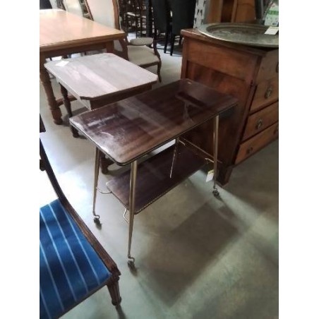 DESSERTE A ROULETTES MÉTAL DORÉ ET FORMICA MARRON 2 NIVEAUX ANNÉES 60