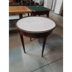 TABLE BOUILLOTTE BOIS A GALERIE DESSUS MARBRE BLANC 2 TIROIRS STYLE LOUIS XVI 