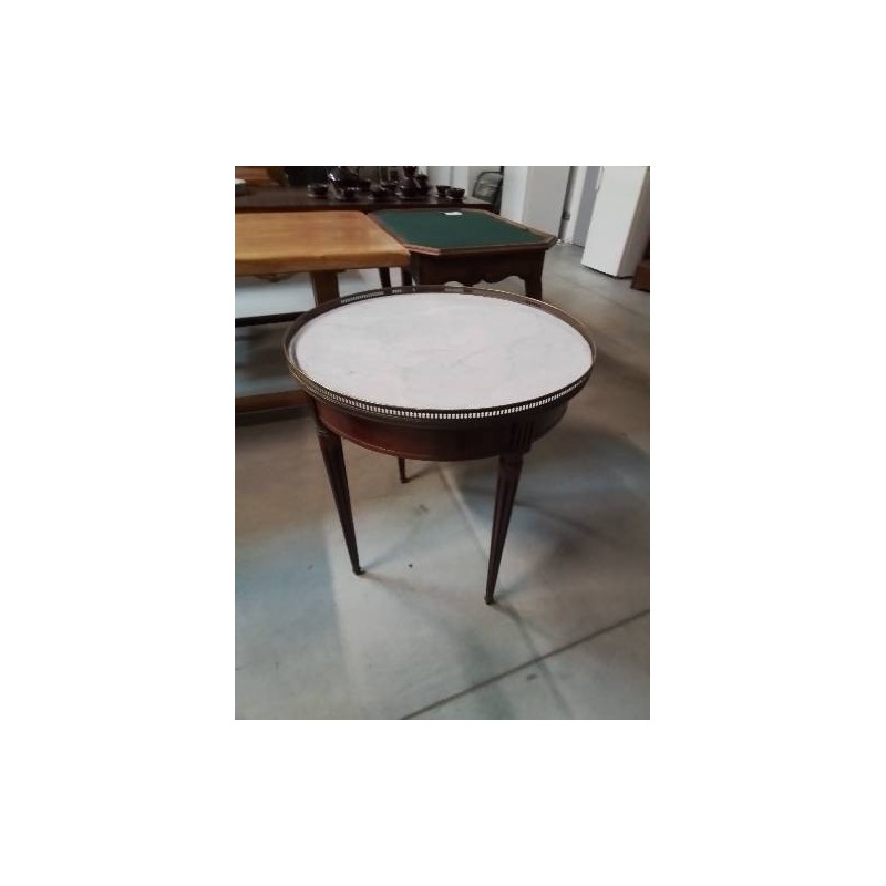TABLE BOUILLOTTE BOIS A GALERIE DESSUS MARBRE BLANC 2 TIROIRS STYLE LOUIS XVI 