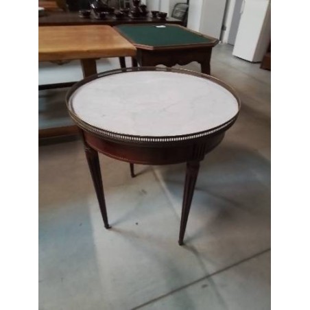 TABLE BOUILLOTTE BOIS A GALERIE DESSUS MARBRE BLANC 2 TIROIRS STYLE LOUIS XVI 