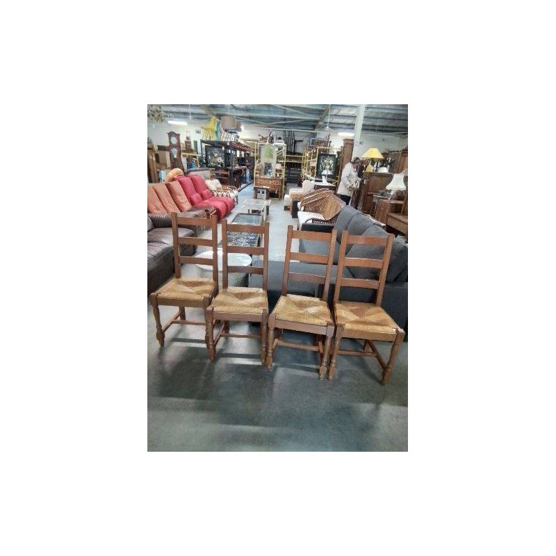4 CHAISES BOIS CLAIR PAILLÉ A ENTRETOISE DOSSIER 3 BARREAUX 