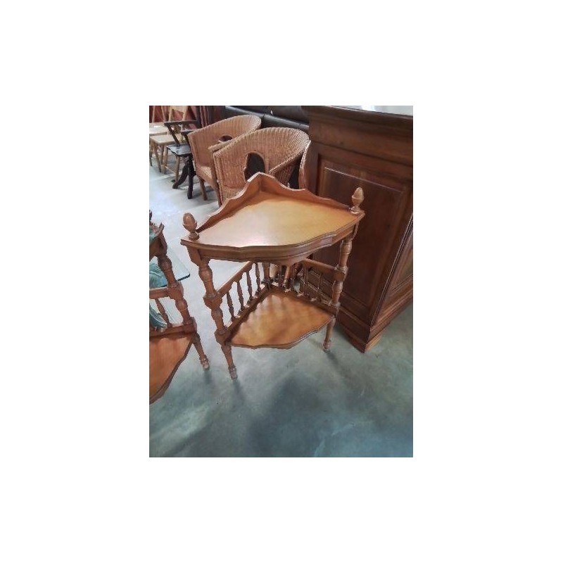 CONSOLE D’ANGLE A COLONNES BOIS CLAIR CHANTOURNÉ 2 NIVEAUX 