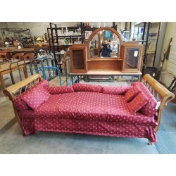 BANQUETTE BOIS STYLE EMPIRE A COL DE CYGNE TISSU ROUGE 