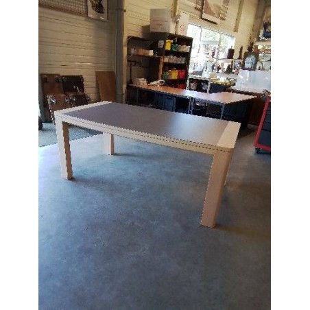 TABLE RECTANGULAIRE A RALLONGES PAPILLON 2X45CM BOIS ECRU ET TAUPE 180CM