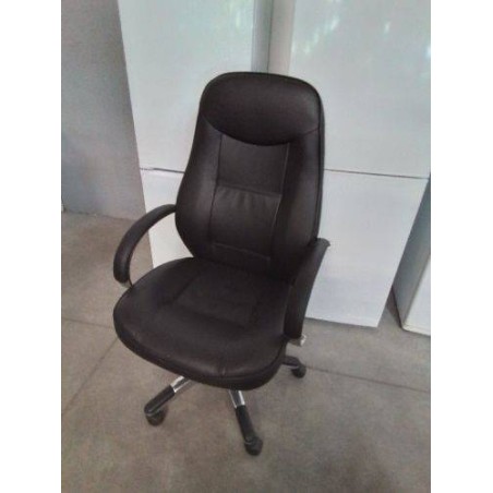 FAUTEUIL DE BUREAU A ROULETTES PIÈTEMENT MÉTAL CHROMÉ ASSISE CUIR NOIR DOSSIER RÉGLABLE 