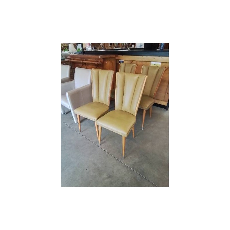 4 CHAISES BOIS CLAIR CAPITONNÉ SKAÏ VERT ANNÉES 50