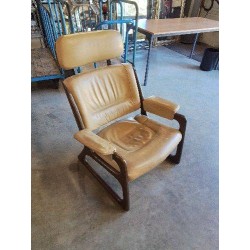 FAUTEUIL TRAINEAU  LOUNGE BAUMANN BOIS CAPITONNÉ CUIR BEIGE ANNÉES 60