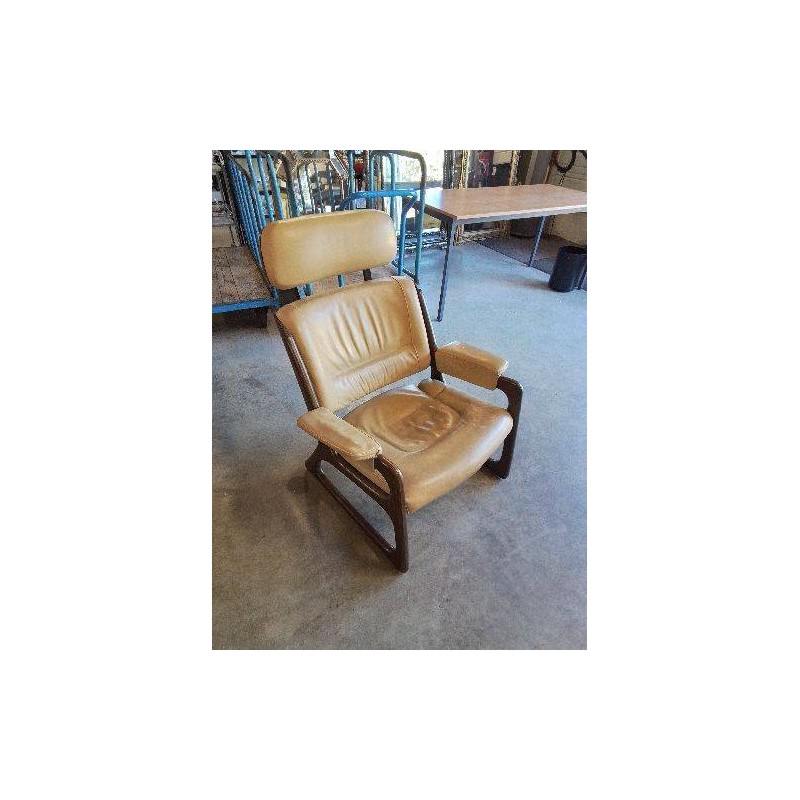 FAUTEUIL TRAINEAU  LOUNGE BAUMANN BOIS CAPITONNÉ CUIR BEIGE ANNÉES 60
