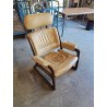 FAUTEUIL TRAINEAU  LOUNGE BAUMANN BOIS CAPITONNÉ CUIR BEIGE ANNÉES 60