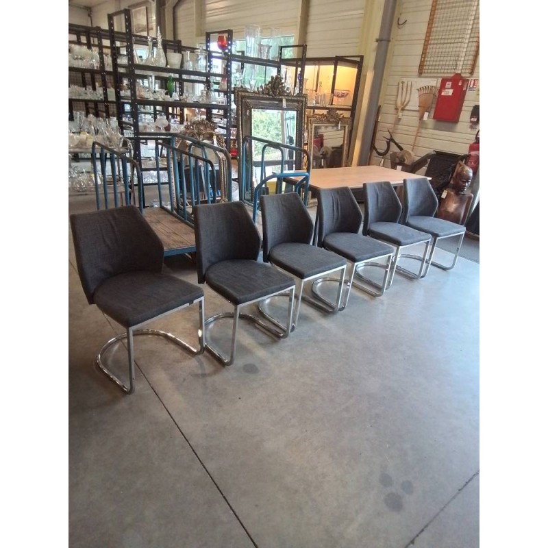 6 CHAISES PIÈTEMENT MÉTAL CHROMÉ ASSISE TISSU GRIS