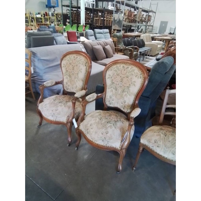 FAUTEUIL NAPOLÉON III BOIS CLAIR ASSISE ET DOSSIER CAPITONNÉ TISSU FLEURI  