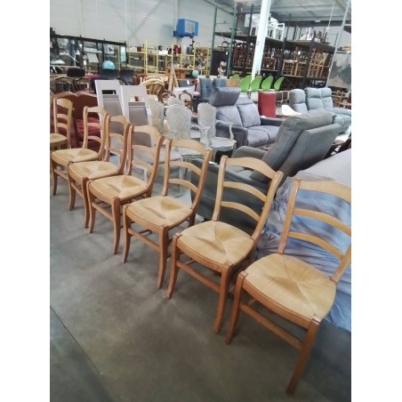 6 CHAISES BOIS CLAIR PAILLÉ DOSSIER CINTRÉ 3 BARREAUX 
