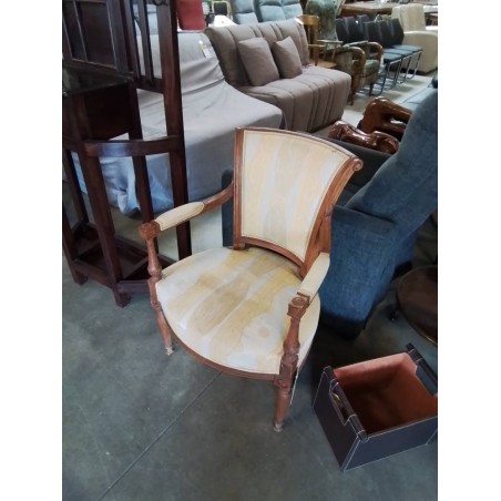 FAUTEUIL BOIS ASSISE ET DOSSIER CAPITONNÉ TISSU ÉCRU JAUNE STYLE DIRECTOIRE 