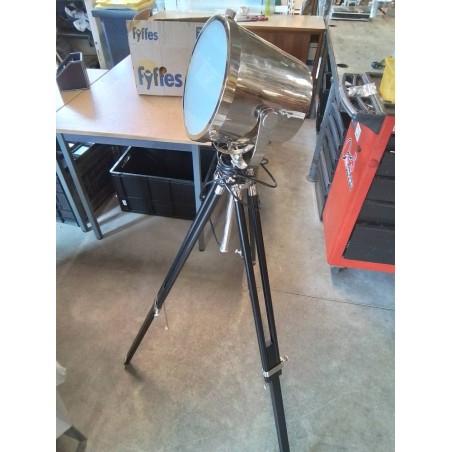 LAMPADAIRE PROJECTEUR TRÉPIED HAUTEUR AJUSTABLE BOIS NOIR ET MÉTAL CHROMÉ 