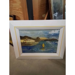 HUILE SUR TOILE PÊCHEURS A PIED CADRE BLANC LISERÉ JAUNE