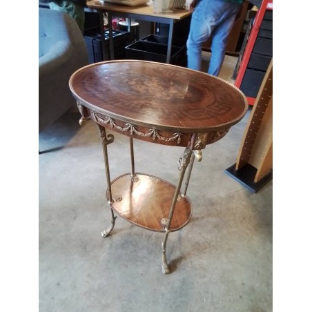 CONSOLE OVALE BOIS MARQUETÉ GARNITURES BRONZE AUX TÊTE D’AIGLE STYLE LOUIS XVI 