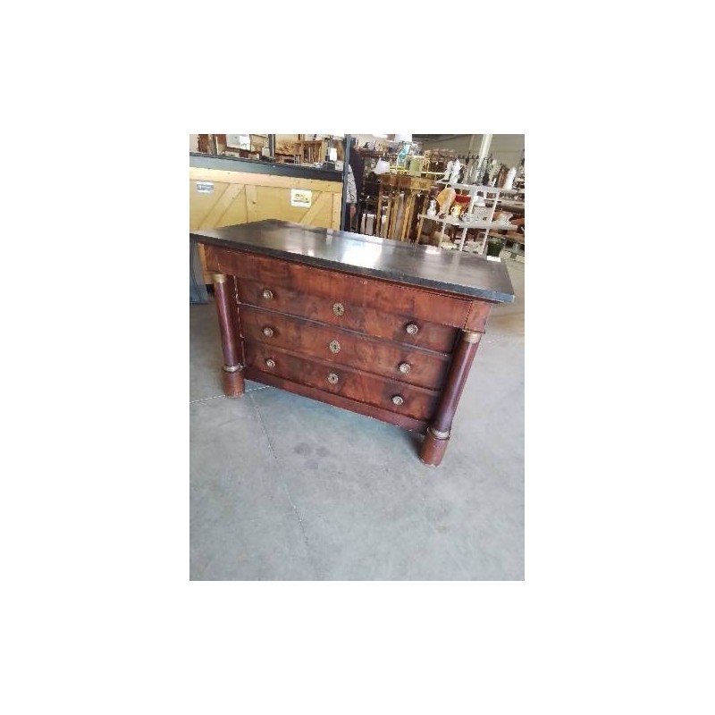 COMMODE EMPIRE A COLONNES BOIS 4 TIROIRS DESSUS MARBRE NOIR