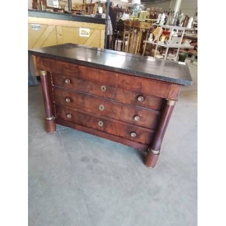 COMMODE EMPIRE A COLONNES BOIS 4 TIROIRS DESSUS MARBRE NOIR
