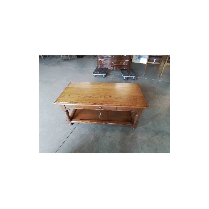 TABLE BASSE BOIS A COLONNES 2 PLATEAUX 1 TIROIR STYLE RÉGENCE