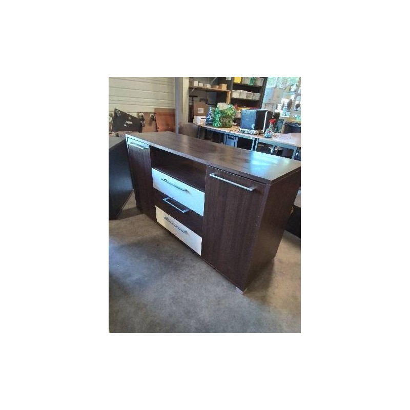 ENFILADE BOIS MARRON ET BLANC 2 PORTES 3 TIROIRS 1 NICHE
