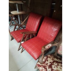 FAUTEUIL BOIS CAPITONNÉ SKAÏ ROUGE ANNÉES 60