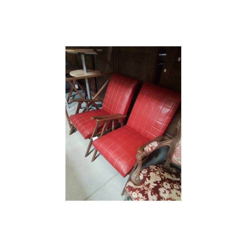 FAUTEUIL BOIS CAPITONNÉ SKAÏ ROUGE ANNÉES 60