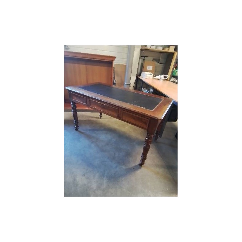 BUREAU PLAT LOUIS PHILIPPE BOIS PLATEAU GAINÉ CUIR VERT 