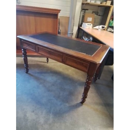 BUREAU PLAT LOUIS PHILIPPE BOIS PLATEAU GAINÉ CUIR VERT 