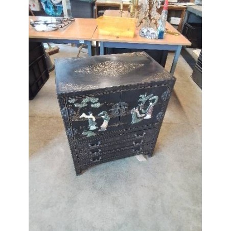 CABINET ASIATIQUE BOIS NOIR DÉCOR GEISHAS NACRE 3 TIROIRS 2 PORTE
