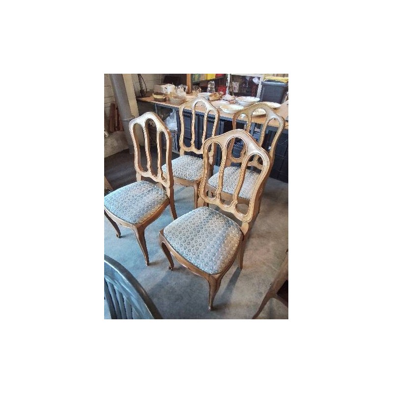 4 CHAISES BOIS CLAIR ASSISE CAPITONNÉ TISSU ECRU VERT DOSSIER CINTRÉ A BARREAUX VERTICAUX 