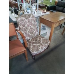 CHAISE BASSE BOIS CAPITONNÉ TISSU ECRU ROSE FIN XIXE