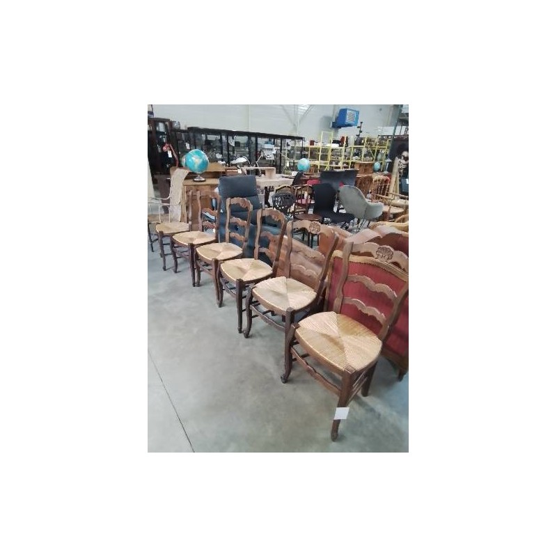 6 CHAISES BOIS PAILLÉ DOSSIER 3 BARREAUX CHANTOURNÉ STYLE RÉGENCE COQUILLE 