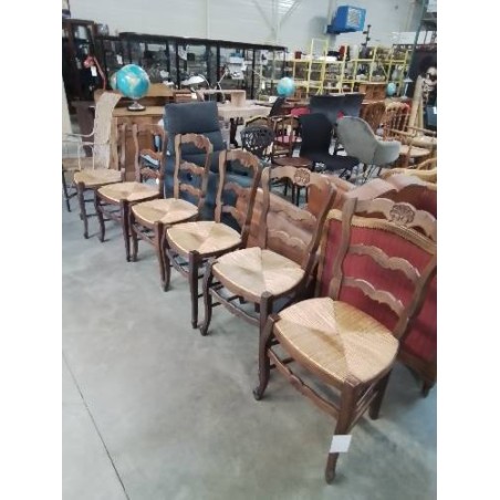 6 CHAISES BOIS PAILLÉ DOSSIER 3 BARREAUX CHANTOURNÉ STYLE RÉGENCE COQUILLE 